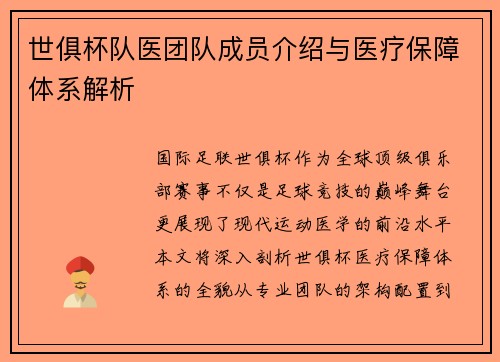 世俱杯队医团队成员介绍与医疗保障体系解析