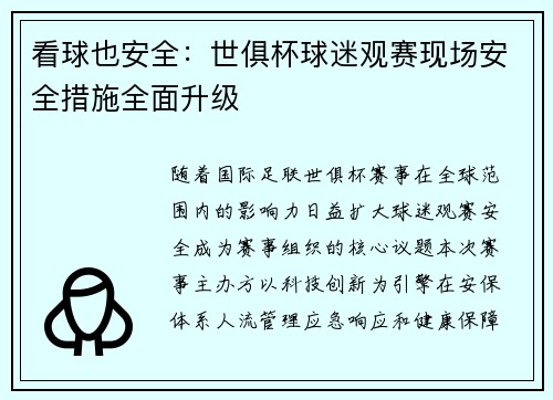 看球也安全：世俱杯球迷观赛现场安全措施全面升级