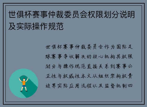 世俱杯赛事仲裁委员会权限划分说明及实际操作规范