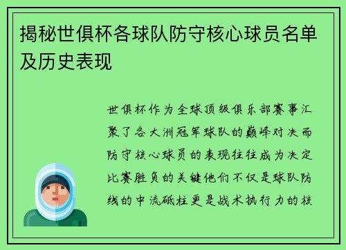 揭秘世俱杯各球队防守核心球员名单及历史表现