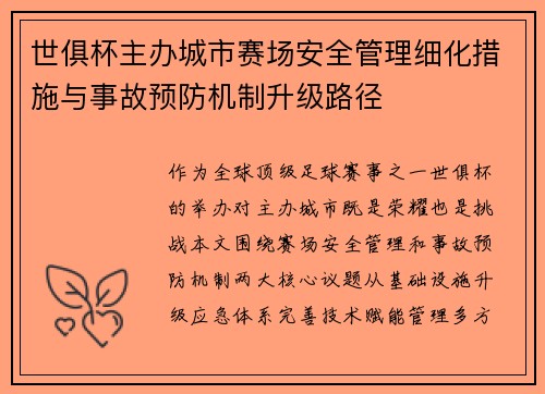 世俱杯主办城市赛场安全管理细化措施与事故预防机制升级路径