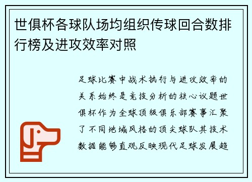 世俱杯各球队场均组织传球回合数排行榜及进攻效率对照