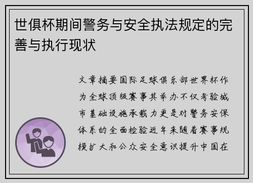 世俱杯期间警务与安全执法规定的完善与执行现状